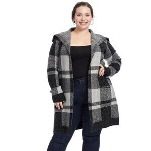 Cyrus | Gray & Black Plaid Open Front Shawl Collar Sweater Jacket, Size Medium